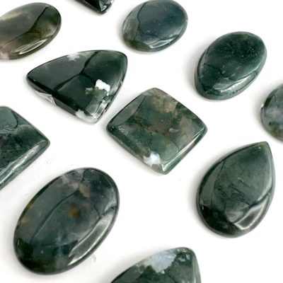 Angled Flat Lay Moss Agate Mixed Shape Cabochons Approx 20 - 30mm 3 Piece Pack
