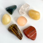 7 Gemstones in a Energy and Endurance Booster Crystal Healing Set including Yellow Calcite, Red Jasper, Bloodstone Jasper, Pecah Selenite, Tigers Eye, Yellow Aventurine and Clear Quartz