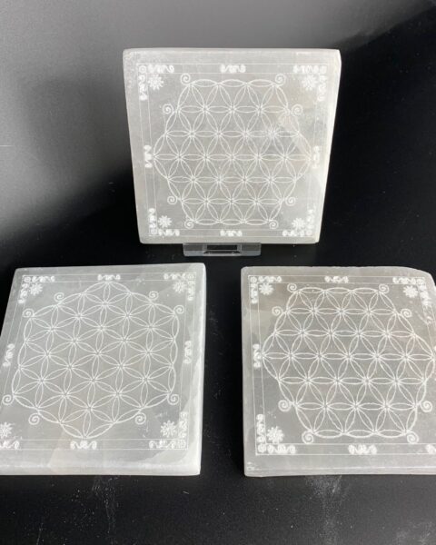 Selenite Flat Square Plate with Mandala Etching 10 cm