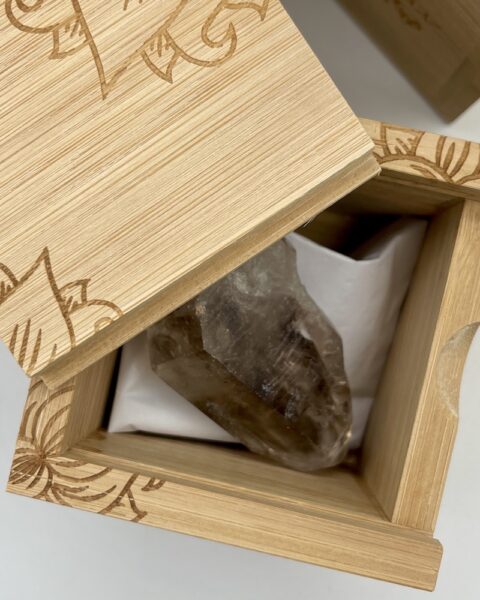 Brandberg Amethyst in Lotus Flower Etched Bamboo Intent Box