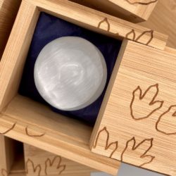 Selenite Sphere Approx 2cm in Dino Etched Bamboo Intent Box Approx 6 x 6 x 4cm