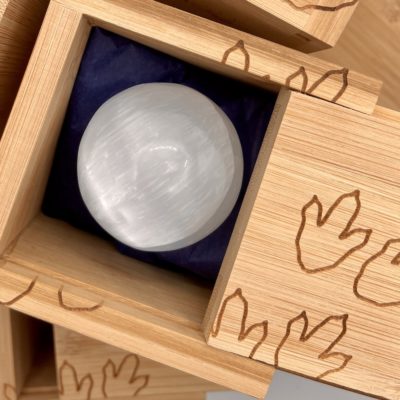 Selenite Sphere in Dino Etched Bamboo Intent Box