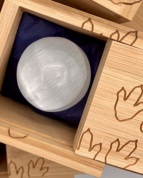 Selenite Sphere Approx 2cm in Dino Etched Bamboo Intent Box Approx 6 x 6 x 4cm