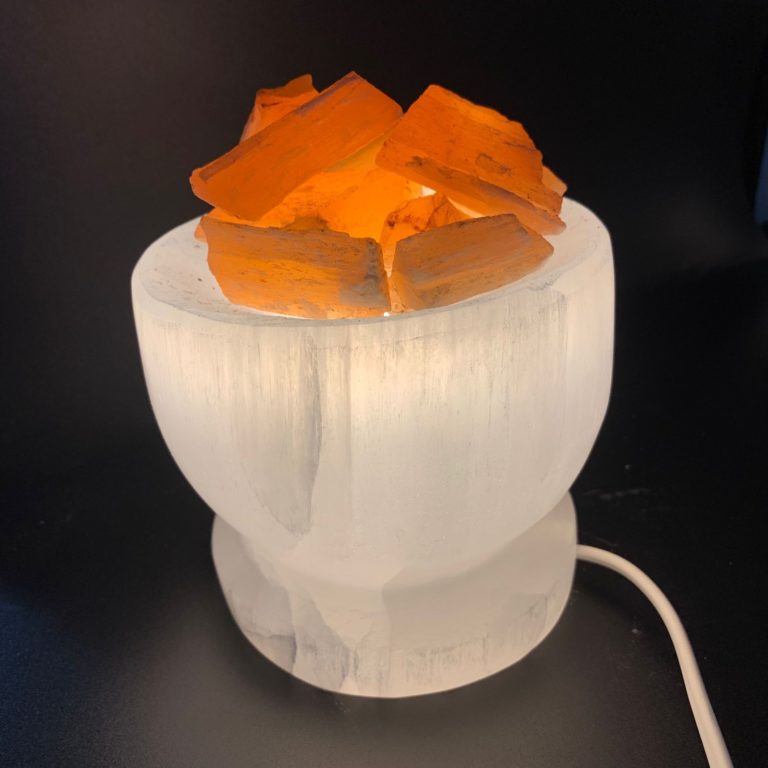 Selenite Fire Bowl Lamp with Rough Peach Selenite Approx 13cm - Image 4