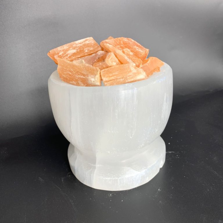 Selenite Fire Bowl Lamp With Rough Peach Selenite Approx 13cm