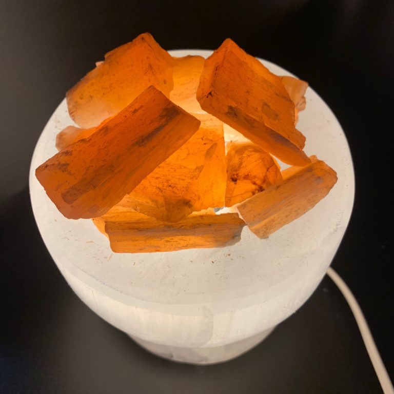 Selenite Fire Bowl Lamp with Rough Peach Selenite Approx 13cm - Image 5