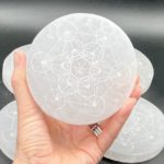 Selenite Flat Round Plate with Metatron Etching 10 cm