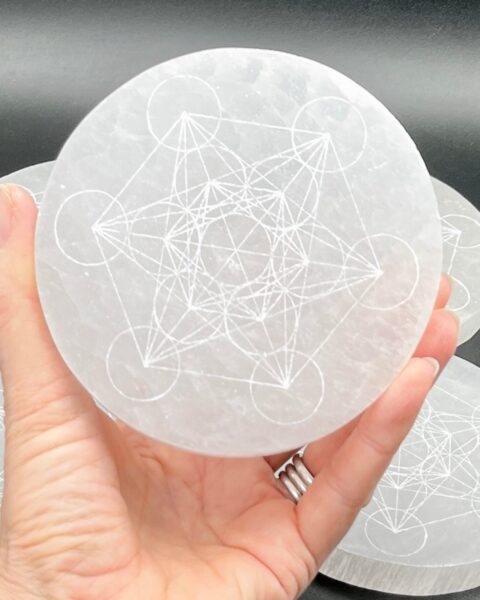 Selenite Flat Round Plate with Metatron Etching 10 cm