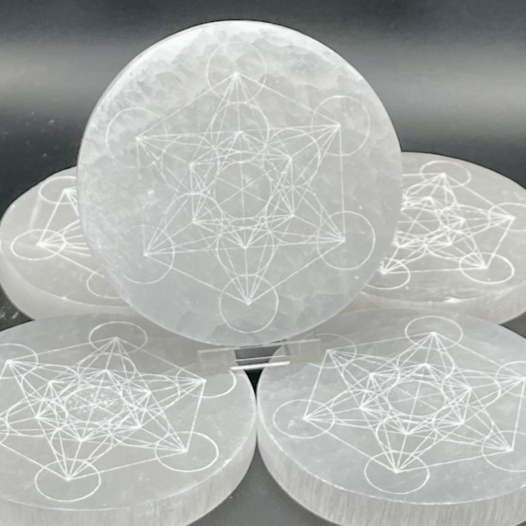 Selenite Metatron Etched Flat Round Plate Approx 10cm - Image 2