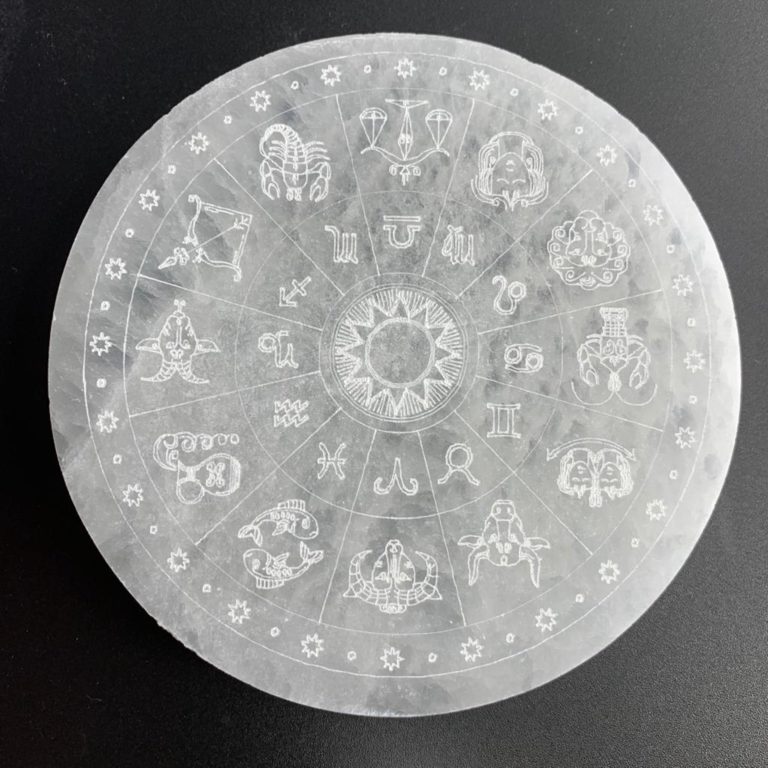 Selenite Zodiac Etched Flat Round Plate Approx 10cm - Image 3