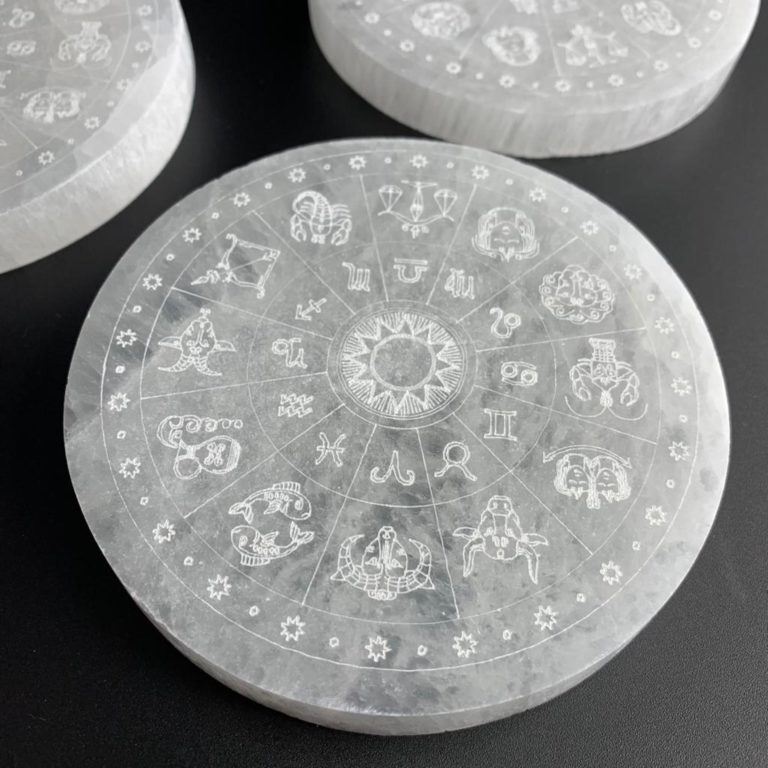 Selenite Zodiac Etched Flat Round Plate Approx 10cm - Image 4
