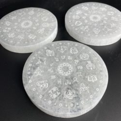 Selenite Zodiac Etched Flat Round Plate Approx 10cm