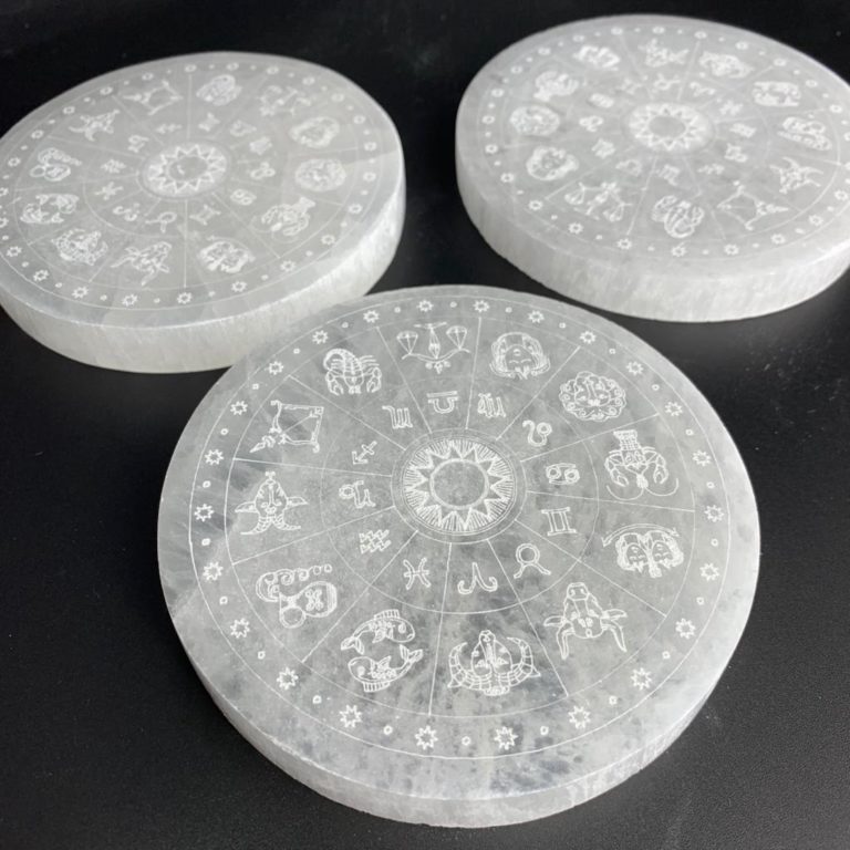 Selenite Zodiac Etched Flat Round Plate Approx 10cm