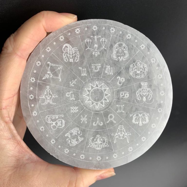 Selenite Zodiac Etched Flat Round Plate Approx 10cm - Image 5