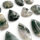 Moss Agate Mixed Shape Top Drilled Cabochons Approx 25 - 35mm with 0.8mm Drill Hole 2 Piece Pack Angled Flat Lay