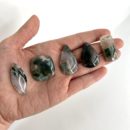 Moss Agate Rectangle Shape Top Drilled Cabochons Approx 25 - 35mm with 0.8mm Drill Hole Laid on Hand for Scale