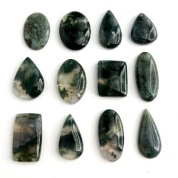 Moss Agate Mixed Shape Top Drilled Cabochons Approx 25 - 35mm 2 Piece Pack Flat Lay showing variations