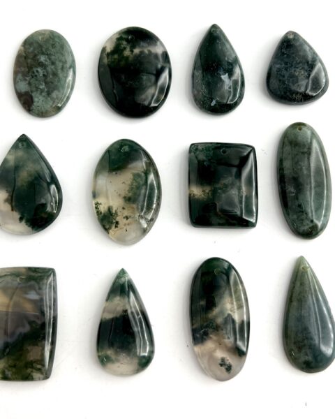 Moss Agate Mixed Shape Top Drilled Cabochons Approx 25 - 35mm 2 Piece Pack Flat Lay showing variations