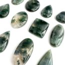 Angled Flat Lay of Moss Agate Mixed Shape Top Drilled Cabochons Approx 25 - 35mm 2 Piece Pack