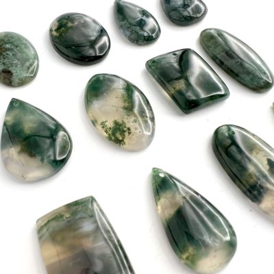 Moss Agate Mixed Shape Top Drilled Cabochons Approx 25 - 35mm 2 Piece Pack Angled Flat Lay