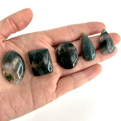 Moss Agate Mixed Shape Top Drilled Cabochons Approx 25 - 35mm 2 Piece Pack on Hand to show scale