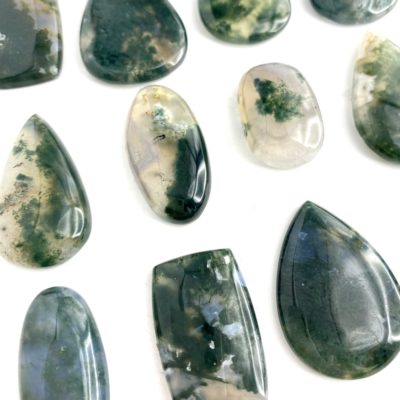 Moss Agate Rectangle Shape Cabochons Approx 25 - 35mm angled flat lay 1
