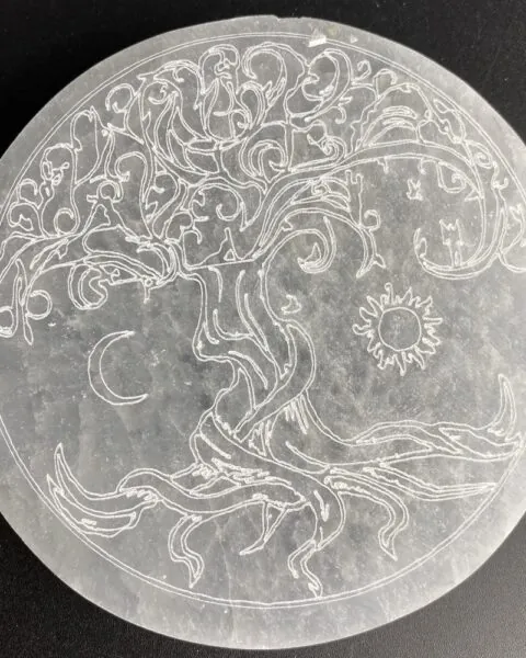 Selenite Round Tree of Life Etched Plate Approx 10cm