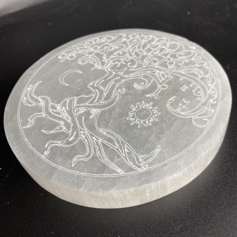 Selenite Round Tree of Life Etched Plate Approx 10cm - Image 5