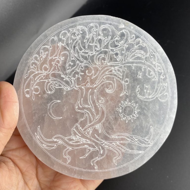 Selenite Round Tree of Life Etched Plate Approx 10cm - Image 4