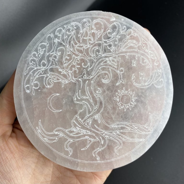 Selenite Round Tree of Life Etched Plate Approx 10cm - Image 2