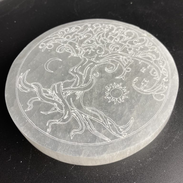 Selenite Round Tree of Life Etched Plate Approx 10cm - Image 3