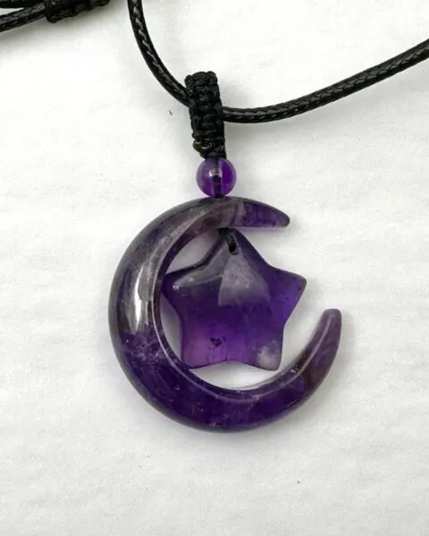 Amethyst Star & Moon Pendant Cord Necklace