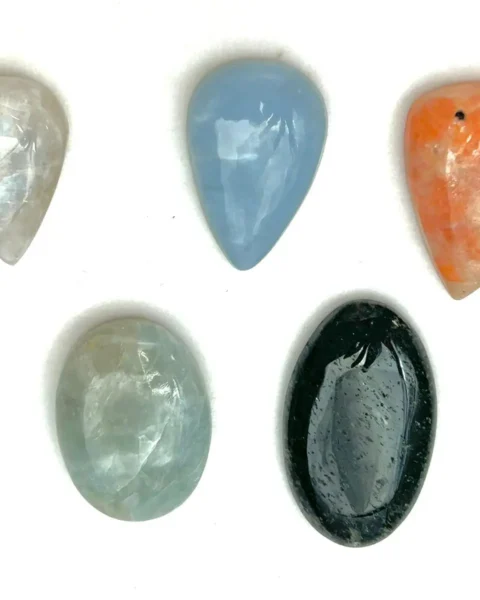 Mixed Gemstone Cabochons - Rainbow Moonstone , Blue opal , Aquamarine , Sunstone & Black Sagenetic Quartz