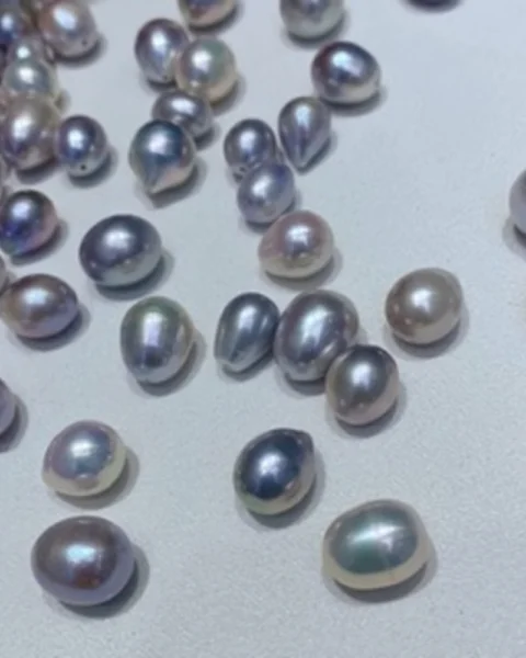 Freshwater Cultured White & Silver/Blue Metallic Mixed Shape Egg & Drop Pearl Approx 10 - 15mm Half Drilled 1pc