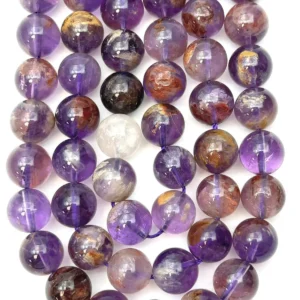 10mm Amethyst Phantom Quartz Beads - Smooth Round Gemstone Strand (38cm)