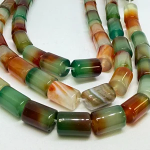 8 x 20mm Agate Multi Green (dyed) Stripe Beads - Cylinder Gemstone Strand (38cm)