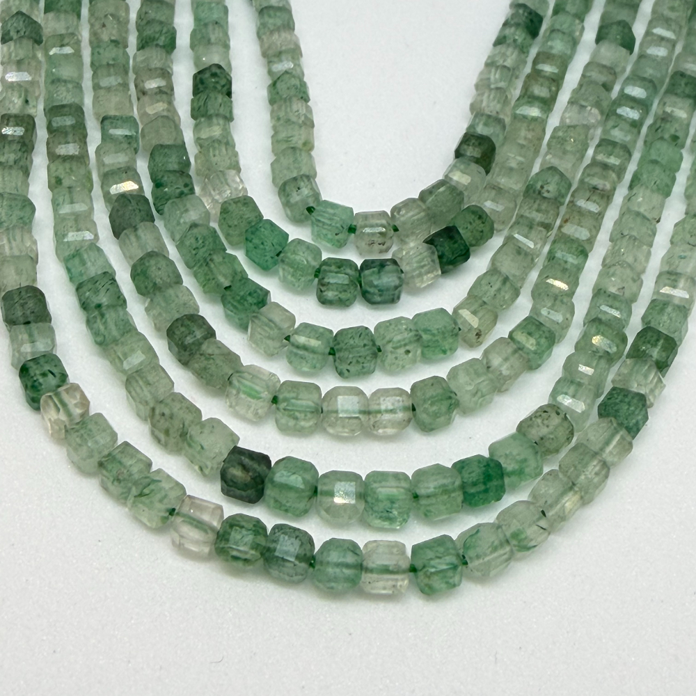 3 x 3mm Green Strawberry Quartz Beads - Faceted Cube Gemstone Strand (38cm) - Image 2