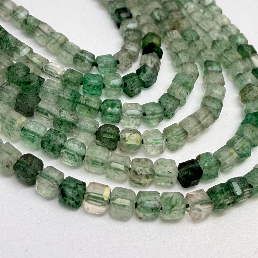 3 x 3mm Green Strawberry Quartz Beads - Faceted Cube Gemstone Strand (38cm)