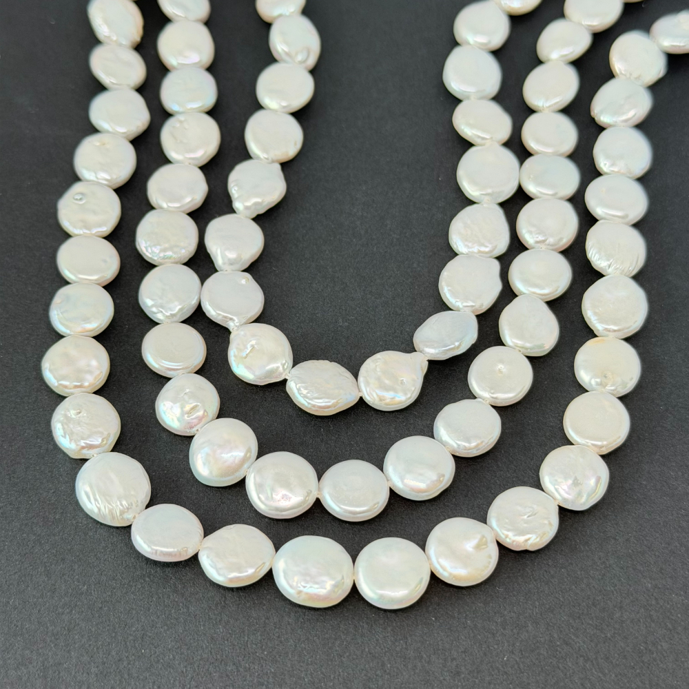 Fresh Water Cultured Metallic White Pearl Discs Approx 8 - 10mm 32cm String - Image 2
