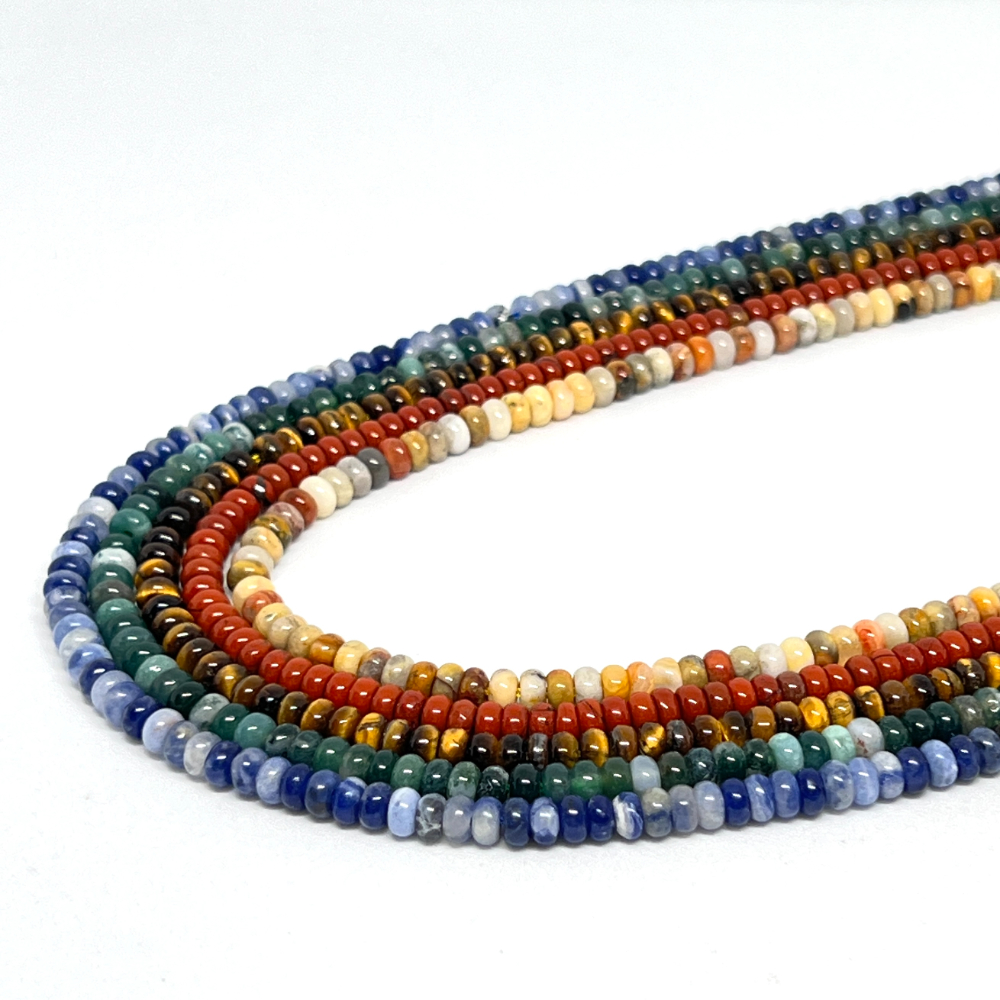 Mixed Gemstone Rondelle 4 x 2mm 5 Strand Bundle - Inc Sodalite, Tigers Eye, Red Jasper, Crazy Lace Agate & Moss Agate HK